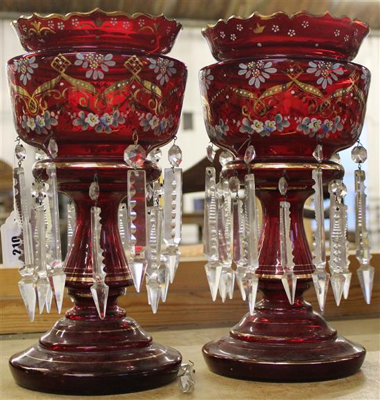 Pair of enamelled and gilded ruby glass table lustres, c.1900(-)